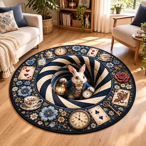 May include: A round area rug featuring a 3D-effect spiral tunnel design with a white rabbit wearing a blue jacket and holding a lantern and pocket watch. The border displays blue flowers, playing cards, teacups, keys, and clocks on a dark blue background.