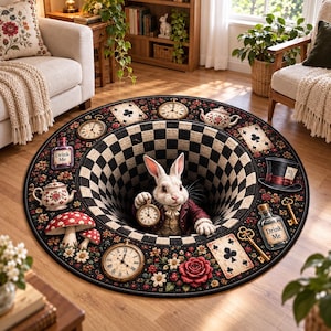 May include: A round area rug featuring a 3D-effect black and white checkered hole with a white rabbit wearing a red jacket and holding a pocket watch. The border displays playing cards, teapots, clocks, keys, mushrooms, and roses.
