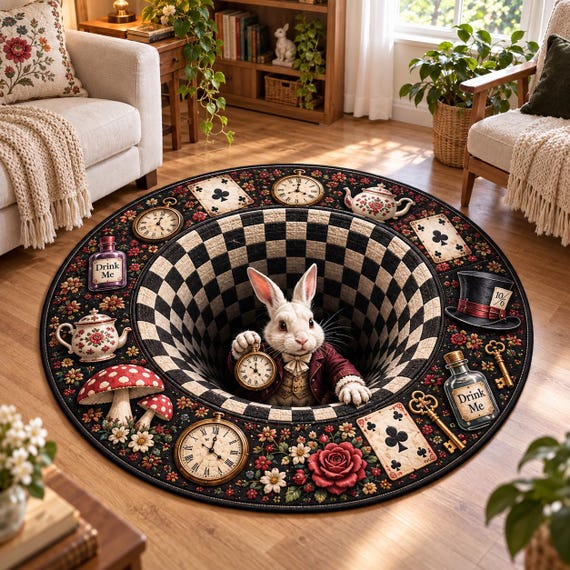 3D Rabbit Hole Optical Illusion Round Rug, Whimsical Bunny Tea Party Floor Mat, Checkered Vortex Carpet, Fantasy Wonderland Home Decor