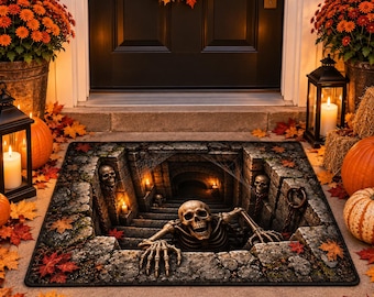 Halloween Skeleton 3D Illusion Doormat, Haunted Dungeon Staircase Rug, Spooky Skull Floor Mat, Gothic Halloween Entryway Decor