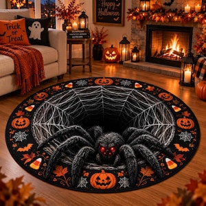 May include: A round Halloween-themed area rug featuring a 3D optical illusion of a deep black hole covered in a white spider web. A large, fuzzy black spider with glowing red eyes sits in the center, surrounded by orange pumpkins and candy corn.