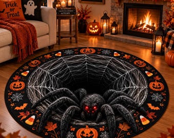 Puede incluir: Una alfombra redonda con temática de Halloween que presenta una ilusión óptica 3D de un agujero negro profundo cubierto por una telaraña blanca. Una gran araña negra y peluda con ojos rojos brillantes se sitúa en el centro, rodeada de calabazas.