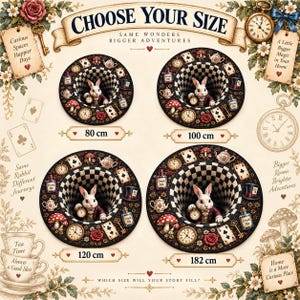 May include: Four circular rugs featuring a white rabbit emerging from a black and white checkered hole, surrounded by Alice in Wonderland motifs like teapots, clocks, and mushrooms. Sizes labeled as 80 cm, 100 cm, 120 cm, and 182 cm are shown.