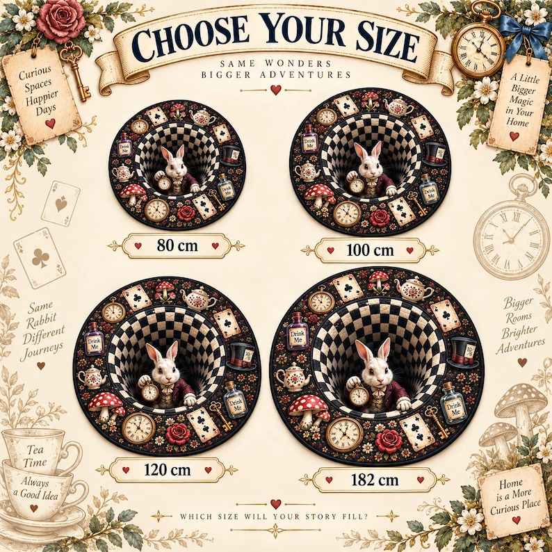 May include: Four circular rugs featuring a white rabbit emerging from a black and white checkered hole, surrounded by Alice in Wonderland motifs like teapots, clocks, and mushrooms. Sizes labeled as 80 cm, 100 cm, 120 cm, and 182 cm are shown.