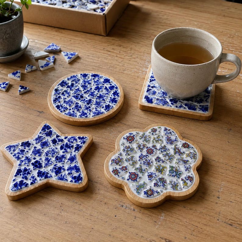 May include: A set of wooden coasters featuring mosaic tile inlays. One coaster is circular, one is star-shaped, and one is flower-shaped. The tiles display blue and white floral patterns, while a beige ceramic mug sits on a square coaster.