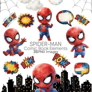 Spiderman Comic Book Elements | Superhero PNG Clipart | Watercolor Bundle