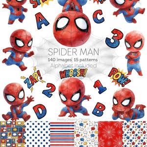 May include: A digital collection featuring multiple watercolor-style illustrations of a chibi Spider-Man character in various poses, alongside comic-book style text bubbles like SPLAT, BAM, ZAP, WHOOSH, and POW, plus letters, numbers, and six patterned backgrounds.