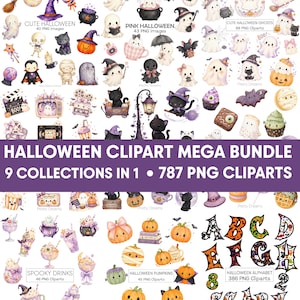 Pode incluir: Um mega pacote de cliparts de Halloween com 787 imagens PNG em 9 coleções. O conjunto inclui ilustrações em estilo aquarela de fantasmas, gatos, abóboras, morcegos, chapéus de bruxa, bebidas assustadoras e um alfabeto.