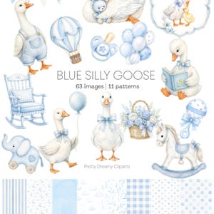 Puede incluir: Una colección digital de ilustraciones en acuarela titulada BLUE SILLY GOOSE que incluye 63 imágenes y 11 patrones. El conjunto presenta gansos con ropa azul, un globo aerostático, un chupete, globos, una mecedora, un elefante de juguete y un caballito balancín.