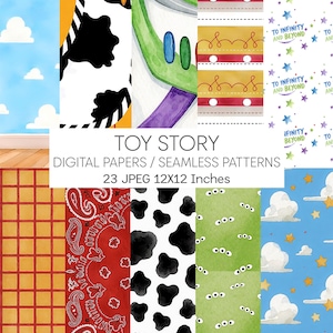 Pode incluir: Uma coleção de papéis digitais e padrões sem costura com temas de Toy Story. Os designs incluem céu azul com nuvens, estampa de vaca, paisley vermelho, grade amarela, verde com olhos e texto To Infinity and Beyond com estrelas.