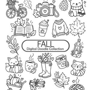 Pode incluir: Uma coleção de desenhos em preto e branco com bicicleta, câmera, urso, livro aberto, café, suéter, folha de bordo, lanterna, raposa, abóbora, caneca, galochas, pote de mel, canela e torta com o texto Pretty Dreamy FALL Digital Doodle Collection PNG SVG EPS PDF.