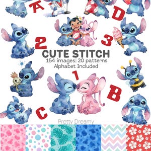 Cute Stitch Watercolor Clipart Bundle, Lilo & Stitch PNG, Stitch Alphabet, Seamless Patterns, 154 PNG Digital Download