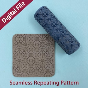 May include: A blue cylindrical texture roller featuring a raised geometric floral pattern and a square clay tile showing the same embossed design. The image includes the text Digital File and Seamless Repeating Pattern in red.