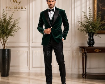Emerald Green Velvet Tuxedo for Men, 3 Piece Wedding Suit, Custom Tailored Groom Formalwear