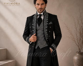 Casaco gótico preto personalizado, terno de casamento vitoriano para noivo, casaco formal steampunk bordado