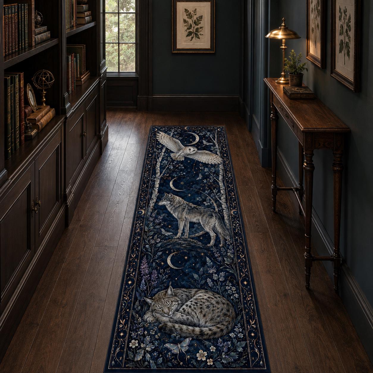 Gothic Forest Animal Runner Rug, Dark Academia Owl Wolf Hallway Carpet, Celestial Lynx Mystic Kitche