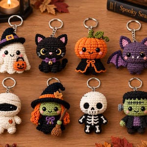 Halloween-virkmönster för nyckelringar, mini-amigurumi i PDF-format, 8 enkla Halloween-virkmönster, spökpumpa, fladdermuskatt, häxa