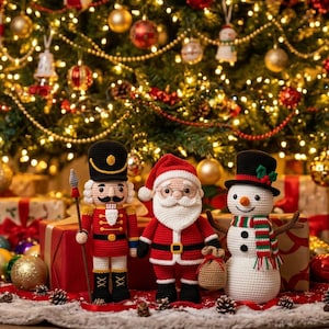 May include: Three crocheted Christmas figures standing together: a nutcracker in a red uniform holding a staff, a Santa Claus with a white beard and red suit, and a snowman wearing a black top hat and a striped scarf, all crafted from yarn.