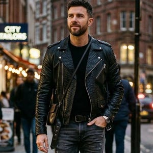 Men's Black Leather Jacket - Genuine Snakeskin Python-Texture Biker-Jacket - Handcrafted Gothic-Streetwear & Motorcycle-Outerwear