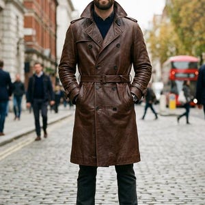 Men's Brown-Leather Trench-Coat, Real-Leather Long-Coat for Men, Classic Vintage-Style Duster, Handmade Mid-Length Winter Leather-Jacket