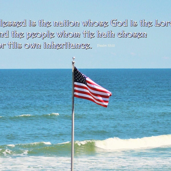 Psalm 33:12 - American Flag on the beach - Scripture Art photo - with free shipping
