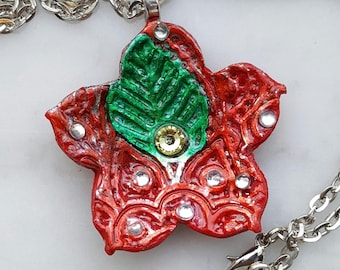 Very red polymer clay flower with green leaf pendant with Swarovski crystal & high gloss shine on 18" silver necklace, wife gift, mom gift
