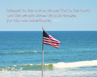 Psalm 33:12 - American Flag on the beach - Scripture Art photo - with free shipping