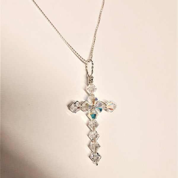 Sterling & Swarovski cross necklace - AB Swarovski Crystal bead Cross about 1.75" with 18 inch sterling silver necklace