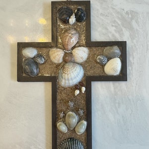 Seashell Cross with Angel and turtles made from Seashells for wall; about 8.5 x 5.5 inches; Christian gift; Dark brown seashell cross