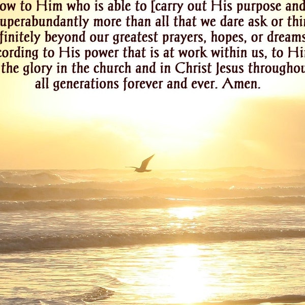 Ephesians 3:20-21 (AMP) - Gold misty sunrise over the ocean with bird silhouette Scripture Art photo - with free shipping