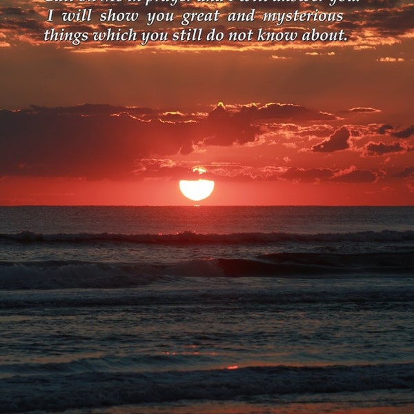 Red sunrise over the ocean Scripture Art photo - Jeremiah 33:3 NET with free shipping