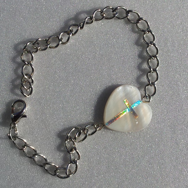 Mother of Pearl Heart with Holographic Cross bracelet fits up to 8 inches wrist