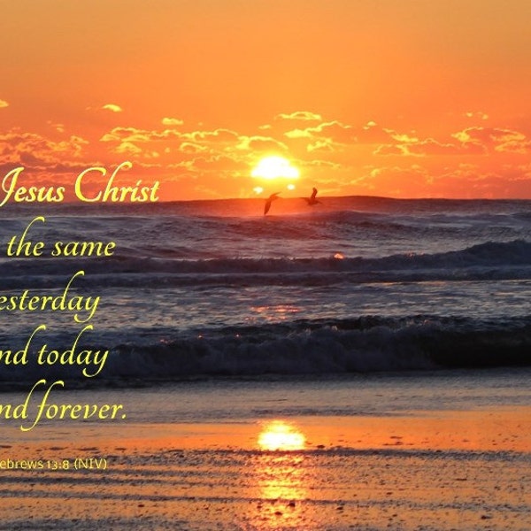 Jesus is the same forever - Orange sunrise over the ocean with birds Scripture Art photo - Hebrews 13:8 NIV or Matthew 6 with free shipping