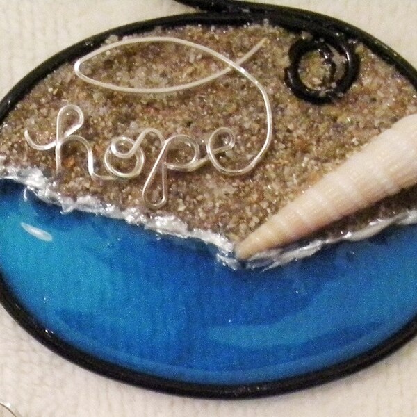 OOAK beautiful sandy beach, blue ocean, a shell, wire word hope and Christian fish Ichthys - one of a kind suncatcher and ornament