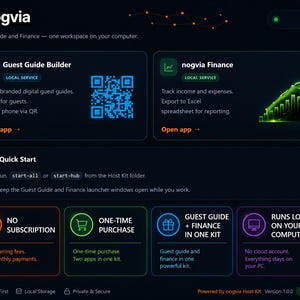 May include: A dark-themed software interface for Nogvia featuring a Guest Guide Builder with a blue QR code and a Finance tracker with a green bar graph. The dashboard displays Quick Start instructions, no subscription details, and local storage.