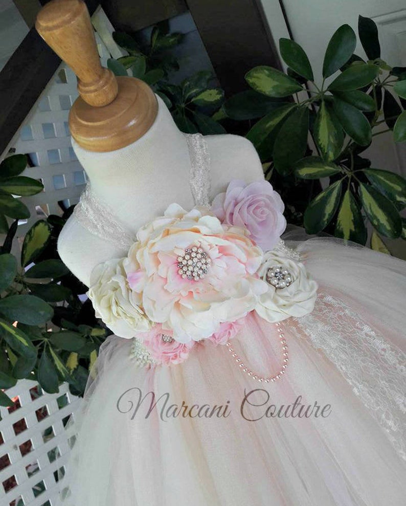 Pageant Dress.Vintage Dress. Flora Sol Gown Vintage Ivory Beige Blush Gown Custom FLOWER GIRL DRESS.Wedding..Junior Bridesmaid Dress