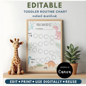 May include: An editable toddler routine chart in a wooden frame featuring dinosaur illustrations, a path of empty circles, and the text "YOU CAN DO IT!", "I'm working for", "START", and "FINISH". The chart is displayed with a giraffe plush toy.