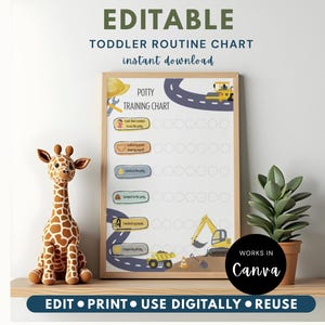 May include: A rectangular potty training chart in a wooden frame featuring construction vehicle graphics, a road design, and text including Potty Training Chart. The chart includes rows for tracking progress with circular spaces for stickers or marks.