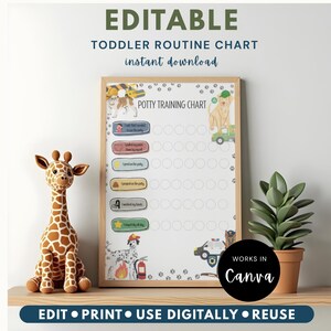 May include: An editable toddler potty training chart with a wooden frame, featuring illustrations of dogs, a fire truck, and a police car. The chart includes rows for daily tasks with circular checkboxes and the text Potty Training Chart.