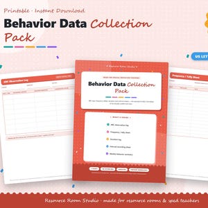 May include: A printable behavior data collection pack featuring seven US letter-sized pages. The documents include an ABC observation log, frequency tally sheet, duration log, interval recording sheet, and a weekly behavior summary for teachers.