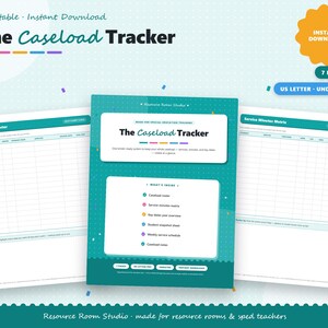 May include: A printable Caseload Tracker document set featuring seven undated US letter pages. The teal cover page displays the title The Caseload Tracker and a list of contents including a roster, service minutes matrix, and schedule.