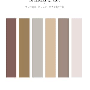 Op de afbeelding: Een kleurenpalet getiteld Blackett & Co. Muted Plum Palette met zes verticale rechthoekige stalen in de tinten donkerpruim, olijfbruin, lichtgrijs, beige, taupe en off-white, met de tekst Blackett & Co. Design onderaan.