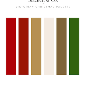 Może przedstawiać: Grafika palety kolorów zatytułowana Blackett & Co. Victorian Christmas Palette, przedstawiająca sześć pionowych prostokątnych próbek w odcieniach jasnej czerwieni, głębokiego karmazynu, metalicznego złota, złamanej bieli, ziemistego brązu i leśnej zieleni, z tekstem Blackett & Co. Design na dole.