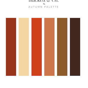 May include: A colour palette chart titled Blackett & Co. AUTUMN PALETTE featuring six vertical rectangular swatches in shades of dark red, cream, bright orange, terracotta, medium brown, and dark brown, with Blackett & Co. Design at the bottom.