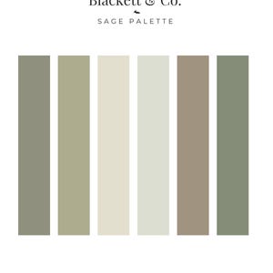 May include: A colour palette chart titled Blackett & Co. SAGE PALETTE featuring six vertical rectangular swatches in varying shades of sage green, beige, and taupe. The bottom right corner includes the text Blackett & Co. Design.