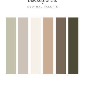Op de afbeelding: Een kleurenpalet van Blackett & Co. getiteld NEUTRAL PALETTE, met zes verticale rechthoekige stalen in tinten licht salie, beige, crème, bruin, middenbruin en donker olijfgroen, met de tekst Blackett & Co. Design onderaan de afbeelding.