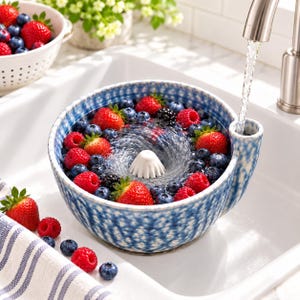Handmade Ceramic Berry Washing Bowl with Citrus Reamer, Fruit Rinse & Drain Bowl, Reactive Glaze Kitchen Colander, Cottage Farmhouse Gift