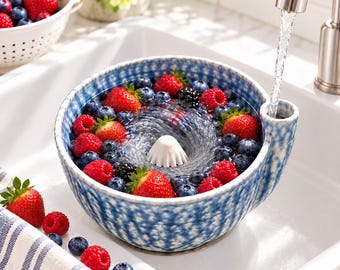 Handmade Ceramic Berry Washing Bowl with Citrus Reamer, Fruit Rinse & Drain Bowl, Reactive Glaze Kitchen Colander, Cottage Farmhouse Gift