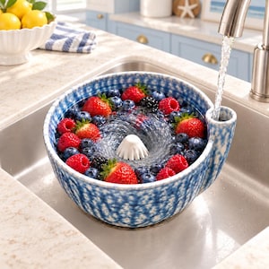 Handgefertigte Keramik-Beerenwaschschale mit Zitruspresse, Obstwaschschale zum Abtropfen und Abspülen, Küchensieb mit reaktiver Glasur, Geschenkidee im Landhausstil