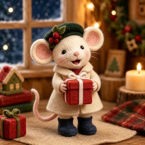May include: A needle-felted mouse figurine wearing a cream-colored coat, dark blue boots, and a dark green beret adorned with red berries. The mouse holds a small red gift box with a white ribbon. The figure has large pink-lined ears and a long tail.